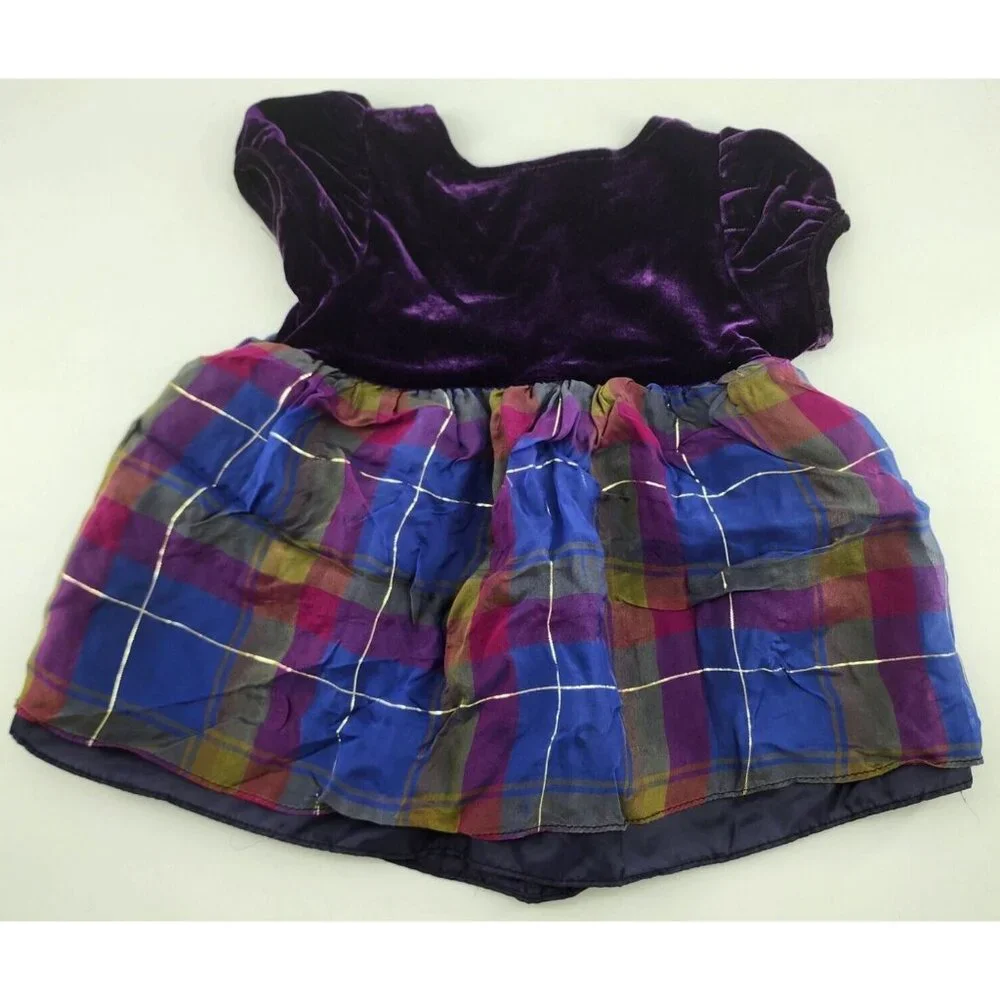 Marmellata Baby Girl Short Sleeve Party Dress Velvet Top Plaid Skirt Purple 6-9M